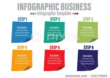 Notes process with six 6 steps or six 6 option. Three colorful graphic elements. Timeline design for brochure, presentation, web site. Infographic design layout. 102278005