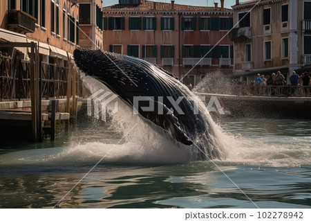 Humpback whale breaching in venice canal illustration generative ai Humpback whale breaching in venice canal illustration generative ai 102278942