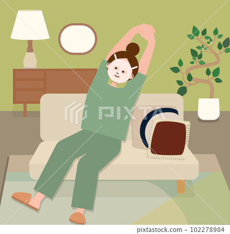 Illustration of a woman relaxing at home while taking care of her skin with a face mask 102278984
