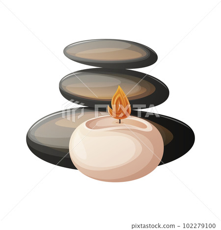 Black spa stones with round burning candle. Balance. Decorative accessory for salon, massage Black spa stones with round burning candle. Balance. Decorative accessory for salon, massage 102279100