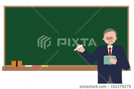 Vector illustration of an elderly male teacher writing on the blackboard while looking at the textbook in front of the blackboard 102279279