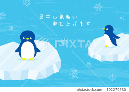 Background illustration for summer greeting card of penguins on ice Background illustration for summer greeting card of penguins on ice 102279380