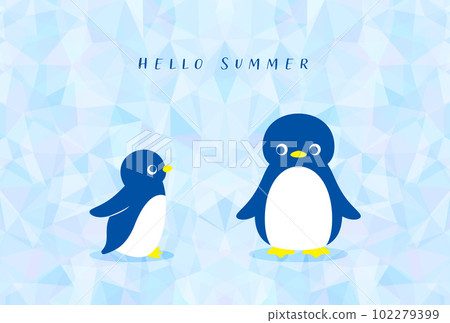 Background illustration for summer greeting card of penguins on ice 102279399