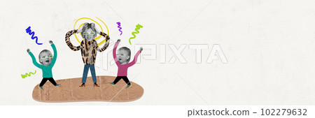 Contemporary art collage of tired, exhausted mother with headache and little screaming children over white background. Banner with copy space for ad, text 102279632