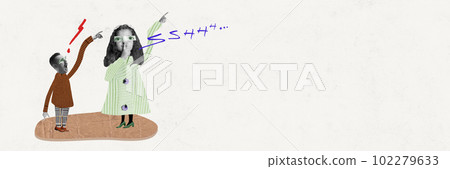 Contemporary art collage with funny little girl trying to comfort father's arguing on white background. Family support 102279633