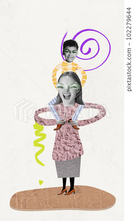 Contemporary art collage with happy smiling mother and little son playing together over white background. Game room 102279644