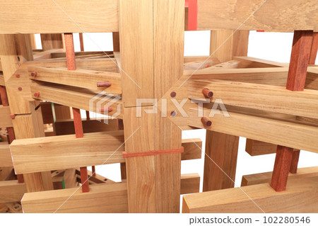 Wood joints detail with wooden dowel joints isolated. Wood joints detail with wooden dowel joints isolated. 102280546
