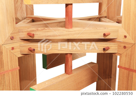 Wood joints detail with wooden dowel joints isolated. 102280550