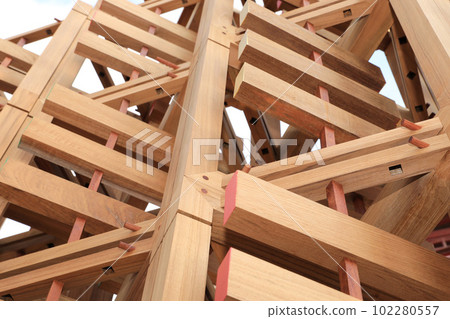 Construction details with teak wood, joints between elements. Wood joints detail with wooden dowel joints. 102280557