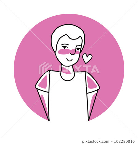 Shy boy with emotion of love, facial expression with gestures. Beloved teenager, expressing his amour feelings. Pink vector circle icon. Shy boy with emotion of love, facial expression with gestures. Beloved teenager, expressing his amour feelings. Pink vector circle icon. 102280816