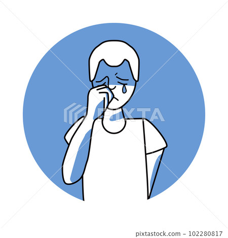 Sad boy with emotion of melancholy, facial expression with gestures. Teenager in sadness, expressing his melancholy feelings. Blue vector circle icon. 102280817
