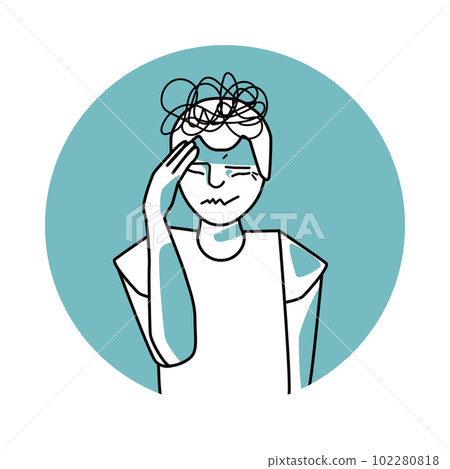 Stressed boy with emotion of anxiety, facial expression with gestures. Stressful mood teenager, expressing his worry feelings. Green vector circle icon. Stressed boy with emotion of anxiety, facial expression with gestures. Stressful mood teenager, expressing his worry feelings. Green vector circle icon. 102280818