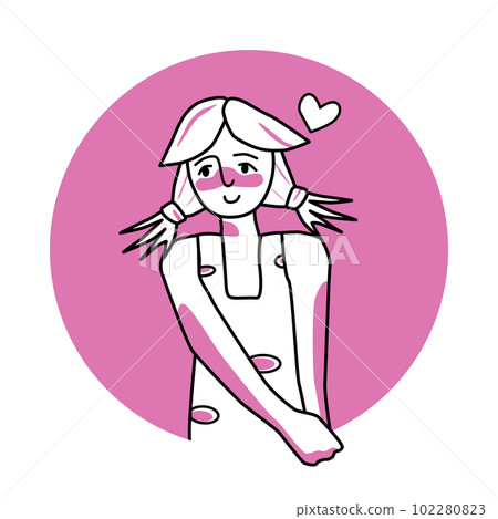 Shy girl with emotion of love, facial expression with gestures. Beloved teenager, expressing her amour feelings. Pink vector circle icon. 102280823
