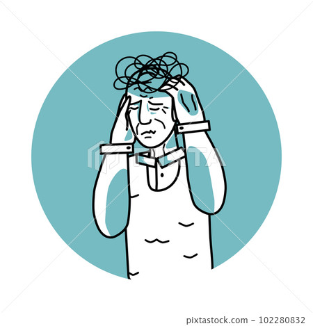 Stressed old man with emotion of anxiety, facial expression with gestures. Stressful mood grandfather, expressing her worry feelings. Green vector circle icon. Stressed old man with emotion of anxiety, facial expression with gestures. Stressful mood grandfather, expressing her worry feelings. Green vector circle icon. 102280832