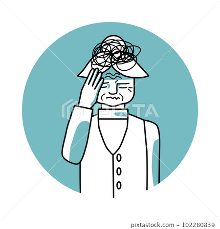 Stressed old woman with emotion of anxiety, facial expression with gestures. Stressful mood grandmother, expressing her worry feelings. Green vector circle icon. Stressed old woman with emotion of anxiety, facial expression with gestures. Stressful mood grandmother, expressing her worry feelings. Green vector circle icon. 102280839
