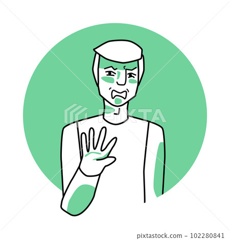 Adult man with emotion of disgust, facial expression with gestures. Disgusted male, expressing his negative revulsion feeling. Green vector circle icon. 102280841