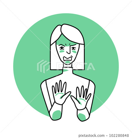 Adult woman with emotion of disgust, facial expression with gestures. Disgusted female, expressing her negative revulsion feeling. Green vector circle icon. 102280848