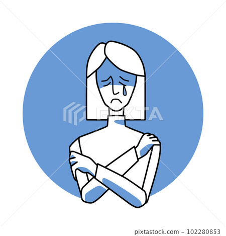 Sad woman with emotion of melancholy, facial expression with gestures. Female in sadness, expressing her melancholy feelings. Blue vector circle icon. 102280853