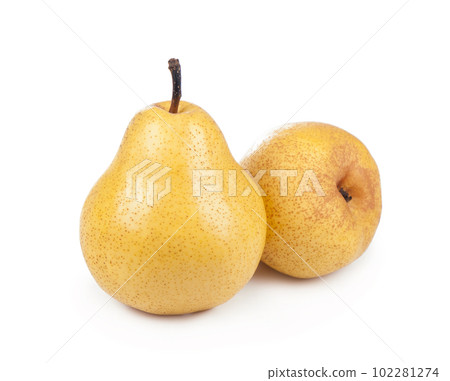 Fresh ripe fruits of pears isolated on white background 102281274
