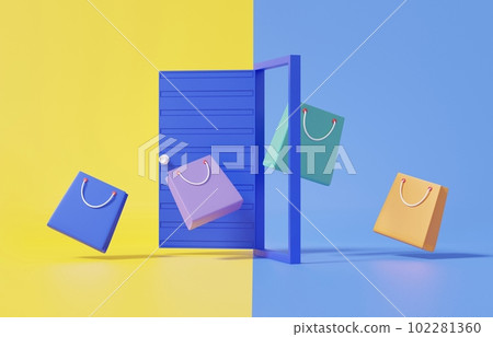 3D open door on yellow and blue background with shopping bags floating in the doorway 3D open door on yellow and blue background with shopping bags floating in the doorway 102281360