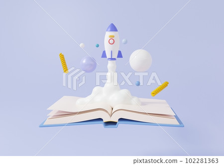 3d rendering business investment startup concept, space shuttle rocket blows smoke to open floating book 3d rendering business investment startup concept, space shuttle rocket blows smoke to open floating book 102281363
