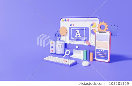 3D rendering isometric UI-UX design, developer mobile system application software development concept. 3D rendering isometric UI-UX design, developer mobile system application software development concept. 102281369
