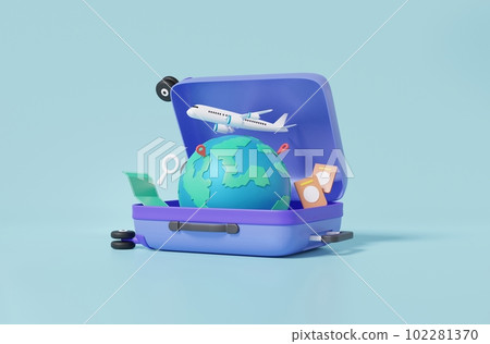 3D Rendering Minimal Cartoon Luggage Tourist Trip Planning World Trip with Airplane 102281370