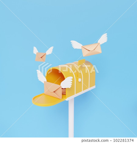 3d retro mailbox mailbox, archive email wing delivery concept on sky blue background 102281374