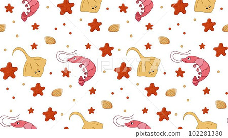 Shrimp, stingray, starfish, shell seamless vector pattern. Sea inhabitants. Marine Underwater animal 102281380