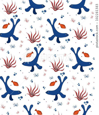 Fur seal, red fish, seaweed seamless vector pattern. Sea inhabitants Marine life. Underwater animal. Fur seal, red fish, seaweed seamless vector pattern. Sea inhabitants Marine life. Underwater animal. 102281383