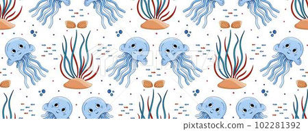Jellyfish and seaweed seamless vector pattern. Sea inhabitants Marine life. Underwater animals. 102281392