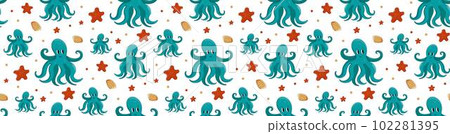 Octopus, starfish, shell seamless vector pattern. Sea inhabitants Marine life. Underwater animals. Octopus, starfish, shell seamless vector pattern. Sea inhabitants Marine life. Underwater animals. 102281395