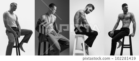 Monochrome collage with portrait of different attractive muscular men sitting in chair with naked torso over studio background. Sporty lifestyle Monochrome collage with portrait of different attractive muscular men sitting in chair with naked torso over studio background. Sporty lifestyle 102281419