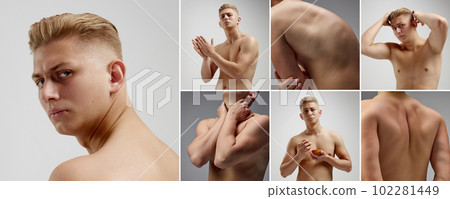 Collage with images of blond fashion model, male body posing shirtless isolated over grey studio background. Concept of men's health, beauty Collage with images of blond fashion model, male body posing shirtless isolated over grey studio background. Concept of men's health, beauty 102281449