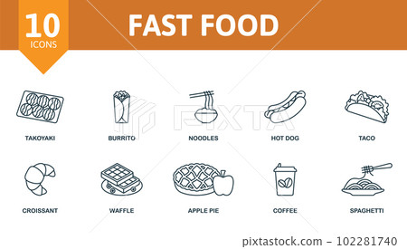 Fast food outline set. Creative icons: takoyaki, burrito, noodles, hot dog, taco, croissant, waffle, apple pie, coffee, spaghetti. 102281740
