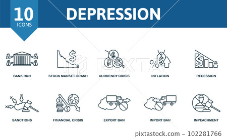 Depression outline set. Creative icons: bank run, stock market crash, currency crisis, inflation, recession, sanctions, financial crisis, export ban, import ban, impeachment. 102281766