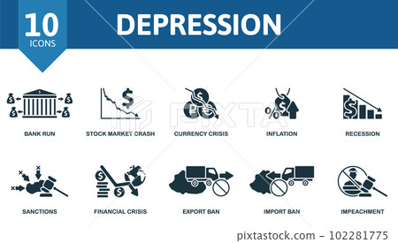 Depression outline set. Creative icons: bank run, stock market crash, currency crisis, inflation, recession, sanctions, financial crisis, export ban, import ban, impeachment. Depression outline set. Creative icons: bank run, stock market crash, currency crisis, inflation, recession, sanctions, financial crisis, export ban, import ban, impeachment. 102281775