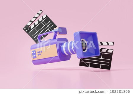 3D復古電影攝影機和電影拍板漂浮在粉紅色背景上 102281806