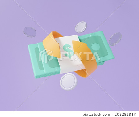 The concept of trading banknotes, the floating purple background of coins paid on a line, and the withdrawal of an attachment 102281817