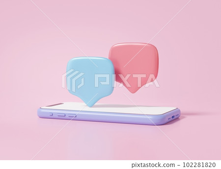 3D泡泡聊天圖標或評論與移動社交媒體的線上概念 3D泡泡聊天圖標或評論與移動社交媒體的線上概念 102281820