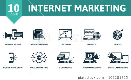 Internet marketing outline set. Creative icons: sms marketing, article writing, live event, website, target, mobile marketing, viral marketing, e-commerce, video marketing, digital marketing. Internet marketing outline set. Creative icons: sms marketing, article writing, live event, website, target, mobile marketing, viral marketing, e-commerce, video marketing, digital marketing. 102281825