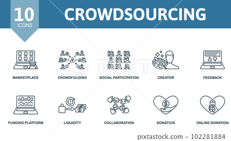 Crowdsourcing outline set. Creative icons: marketplace, crowdfunding, social participation, creator, feedback, funding platform, liquidity, collaboration, donation, online donation. Crowdsourcing outline set. Creative icons: marketplace, crowdfunding, social participation, creator, feedback, funding platform, liquidity, collaboration, donation, online donation. 102281884