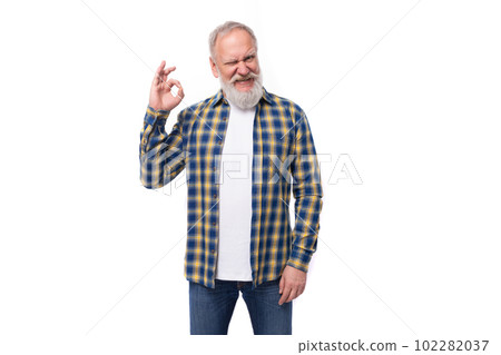 handsome elderly gray-haired retired man with a mustache and beard in a shirt handsome elderly gray-haired retired man with a mustache and beard in a shirt 102282037