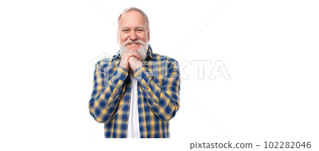 smiling kind 50s mid aged gray-haired man with a beard in a shirt on a white background 102282046