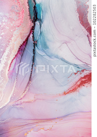 Marble stone glowing golden veins. High resolution. Abstract fluid art painting in alcohol ink technique, mixture blue, red and gold paints.  102282503