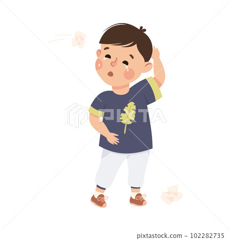 Upset Crying Bullied Boy, Crumpled Papers - Stock Illustration 