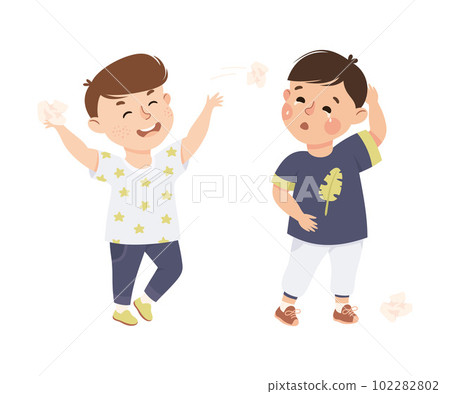 Aggressive bully boy throwing crumpled papers at his crying classmate. Bad manners, conflict between kids, bullying, intimidation of weak cartoon vector illustration Aggressive bully boy throwing crumpled papers at his crying classmate. Bad manners, conflict between kids, bullying, intimidation of weak cartoon vector illustration 102282802