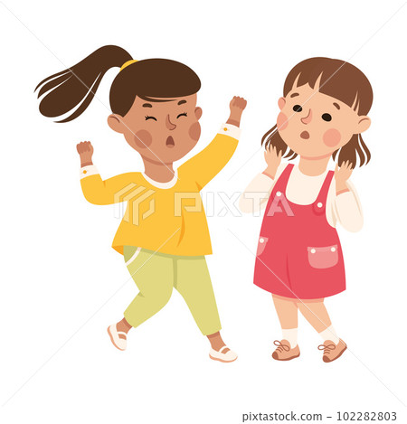 Aggressive bully girl abusing her classmate. Bad manners, conflict at school, bullying, intimidation of weak cartoon vector illustration 102282803