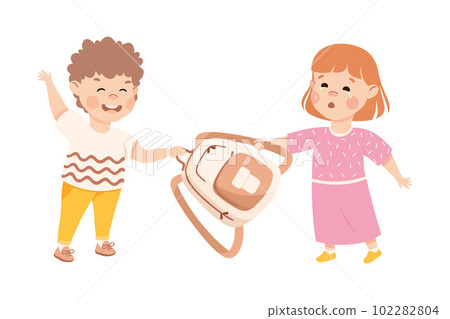 Aggressive bully boy taking away backpack from girl. Bad manners, conflict between kids, bullying, intimidation of weak cartoon vector illustration Aggressive bully boy taking away backpack from girl. Bad manners, conflict between kids, bullying, intimidation of weak cartoon vector illustration 102282804