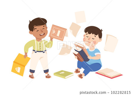 Aggressive bully boy throwing books of unhappy crying boy. Bad manners, conflict at school, bullying, intimidation of weak cartoon vector illustration 102282815